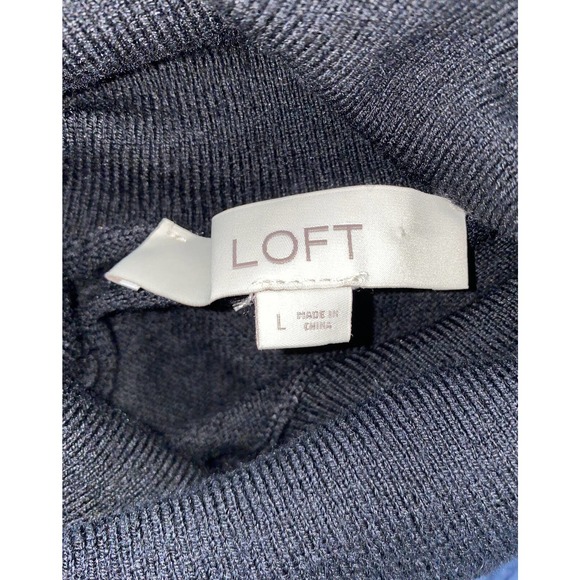 LOFT Black Turtleneck Knit Sweater Chiffon Textured Balloon Sleeve Ruffle Cuff L - Picture 4 of 4